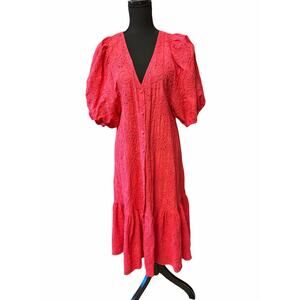 Zara Pink Eyelet Embroidered Puff Sleeve Button Front Midi Dress L